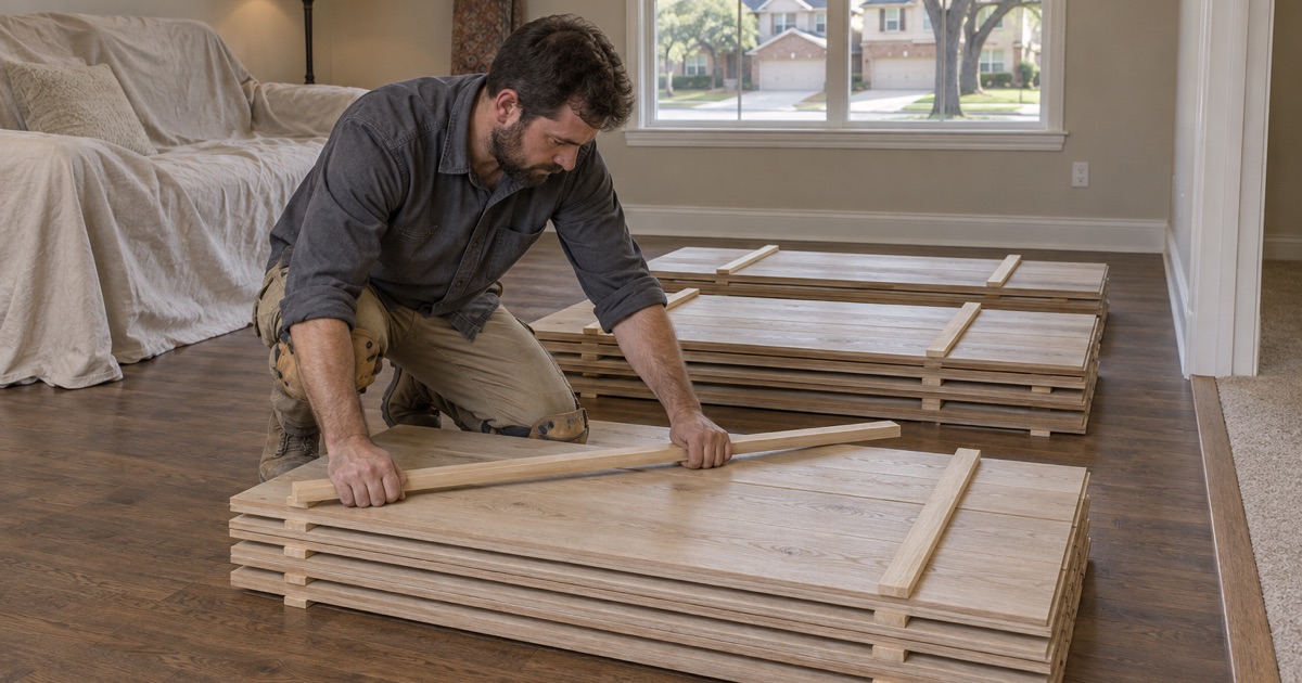 Installer setting a spacer batten between layers of white oak acclimating inside a lived-in North Richland Hills house before the job starts.
