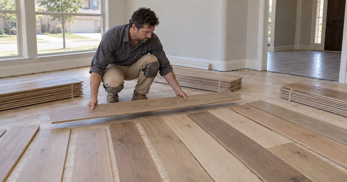 Installer racking out wide white oak planks from three open bundles across a North Richland Hills subfloor so no two neighboring boards match.