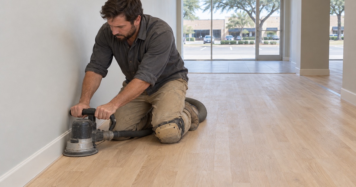 Finisher running an edger along the perimeter of an empty North Richland Hills commercial unit where the white oak floor meets a painted base.