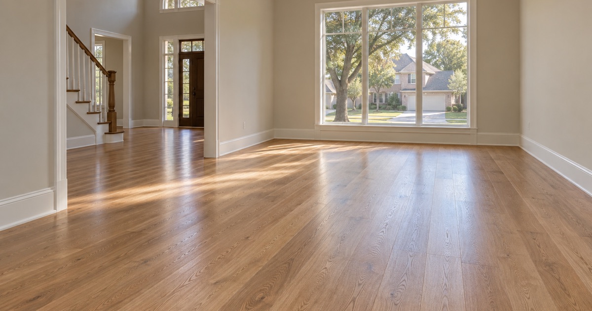 A finished white oak floor running through an empty North Richland Hills room under raking light, the shoe molding tight and the threshold flush at the doorway.
