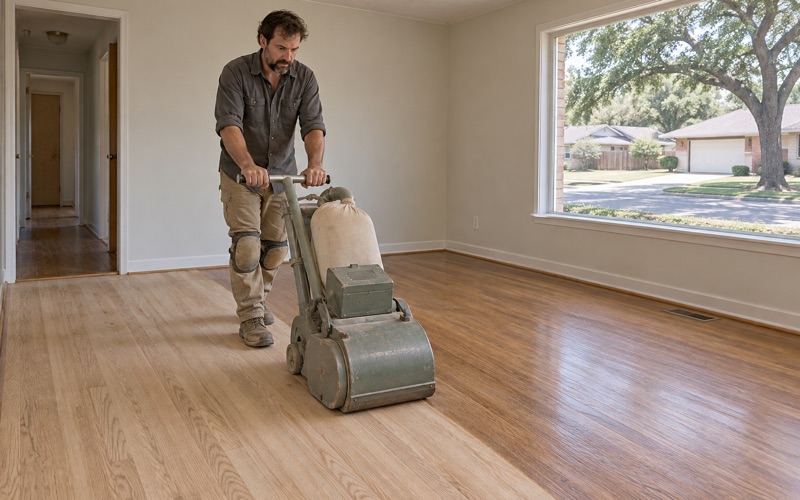 Finisher running a drum sander through the first cut on a red oak floor in a North Richland Hills house, the cut line plain against the old finish.