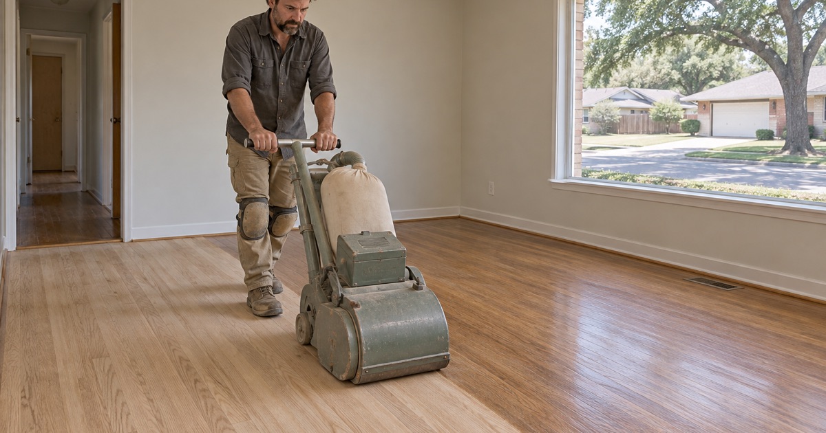 Finisher running a drum sander through the first cut on a red oak floor in a North Richland Hills house, the cut line plain against the old finish.