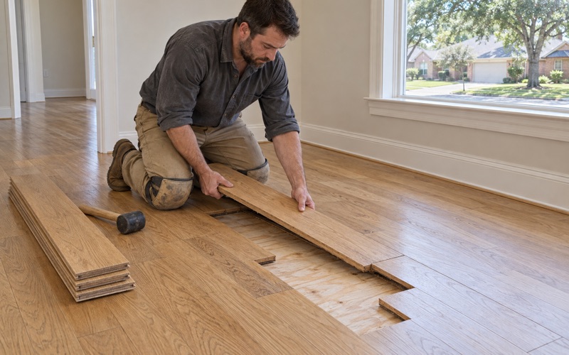 Worker lifting a cut damaged board out of a white oak run in a North Richland Hills house, the staggered slot and the plywood subfloor open beside it.