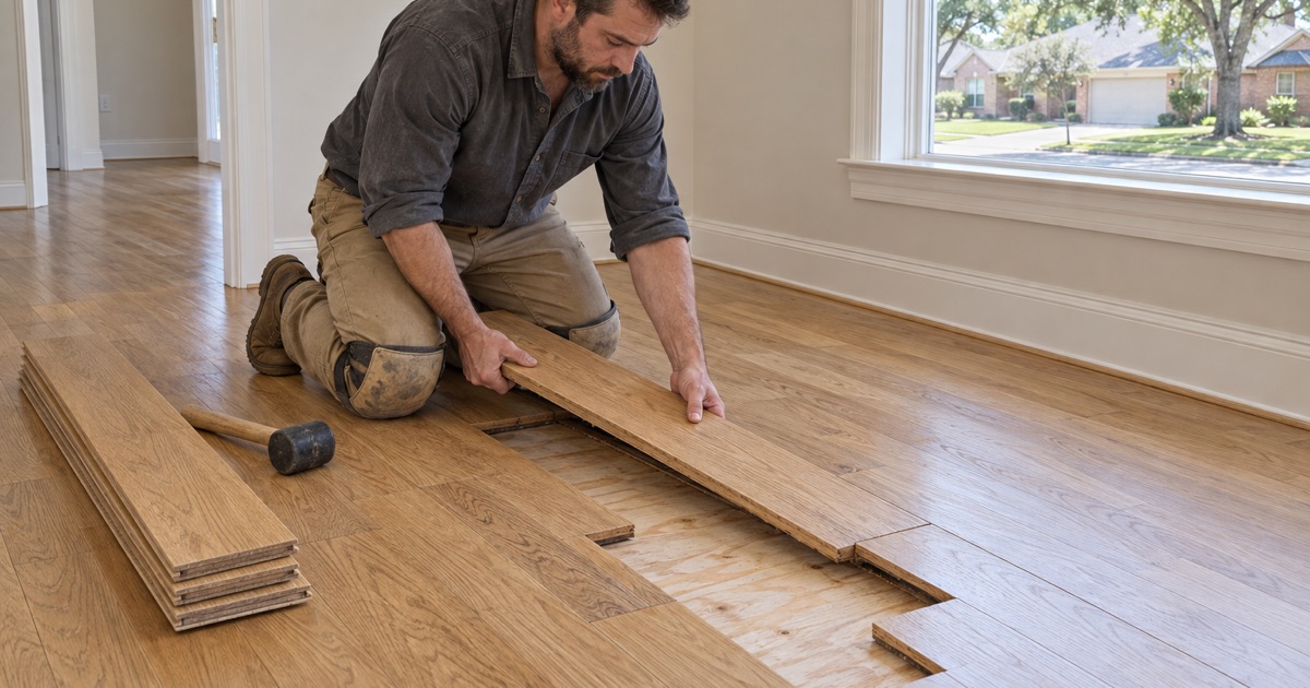 Worker lifting a cut damaged board out of a white oak run in a North Richland Hills house, the staggered slot and the plywood subfloor open beside it.