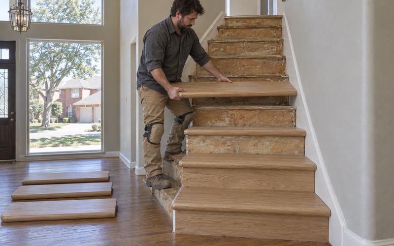 Carpenter lowering a bullnosed white oak retro tread onto an exposed stair stringer in a North Richland Hills house.
