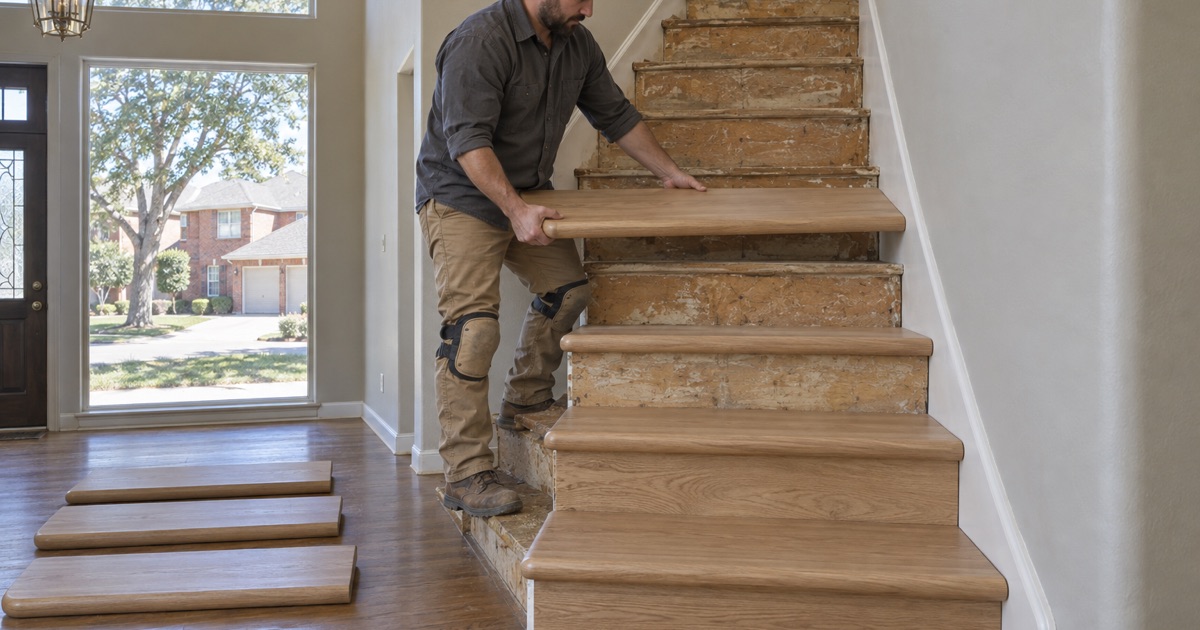 Carpenter lowering a bullnosed white oak retro tread onto an exposed stair stringer in a North Richland Hills house.