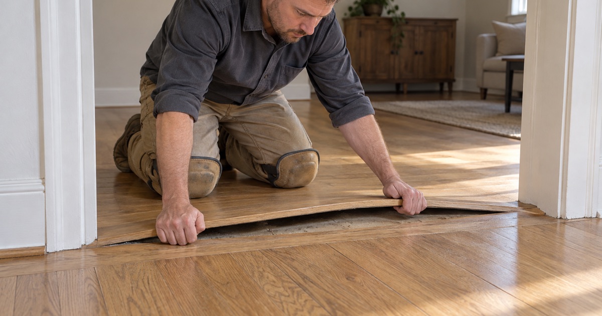 Worker lifting the raised edge of a peaked white oak board at a North Richland Hills doorway, where a run with no room left to move has pushed itself off the subfloor.