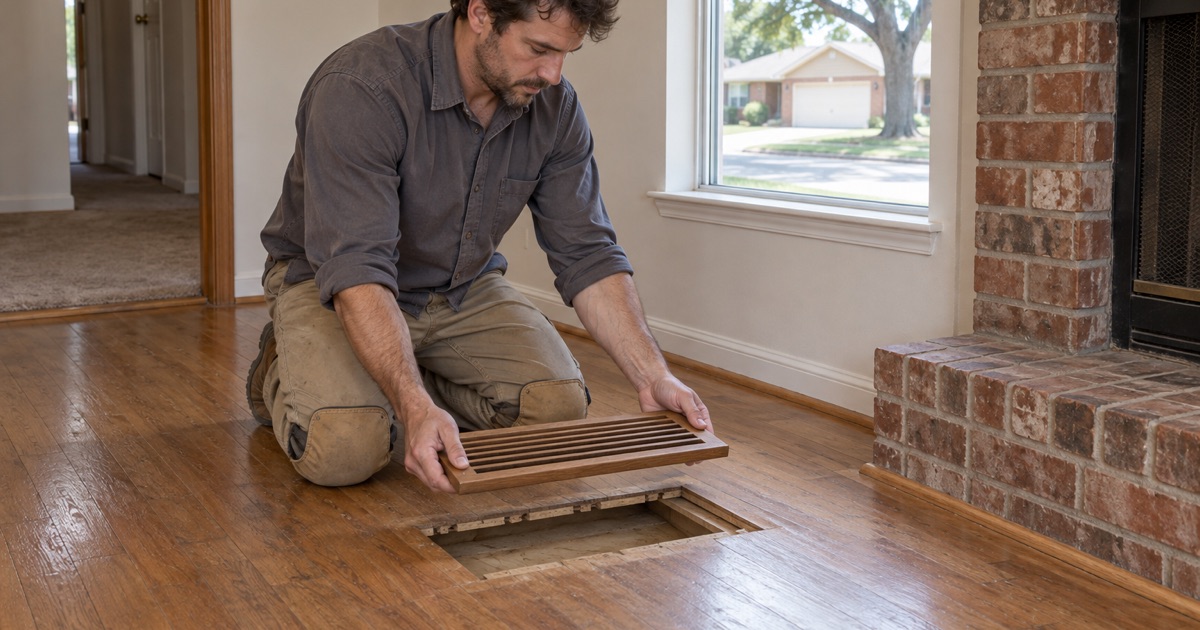 Worker lifting a plain floor register out of a North Richland Hills floor to read how much oak is left above the tongue before a refinish is priced.