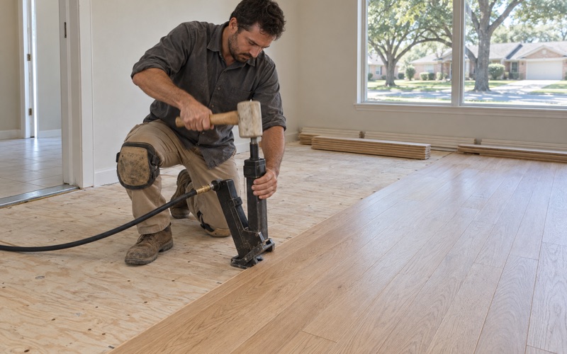 Installer striking a flooring nailer seated on the tongue edge of a white oak board in a North Richland Hills room.