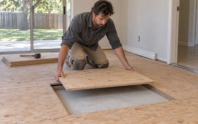 Installer lowering a new plywood subfloor panel into a cut opening over a North Richland Hills slab before any wood goes back down.