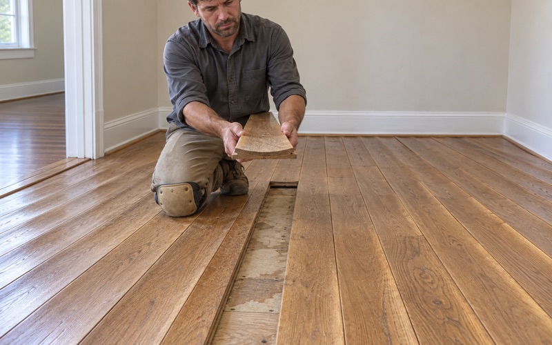 Worker holding a cupped oak board end on in a North Richland Hills room so its dished face reads against the light, the slot it left open in the run.