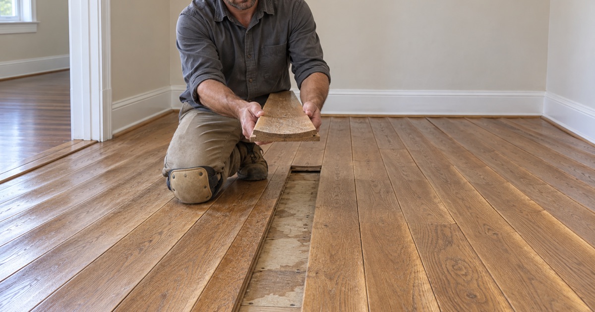 Worker holding a cupped oak board end on in a North Richland Hills room so its dished face reads against the light, the slot it left open in the run.