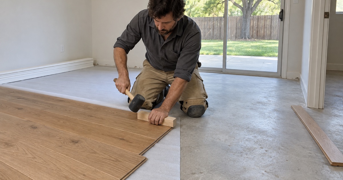 Installer striking a tapping block against the edge of an engineered oak plank floating over a bare North Richland Hills slab, with nothing fastened into the concrete.