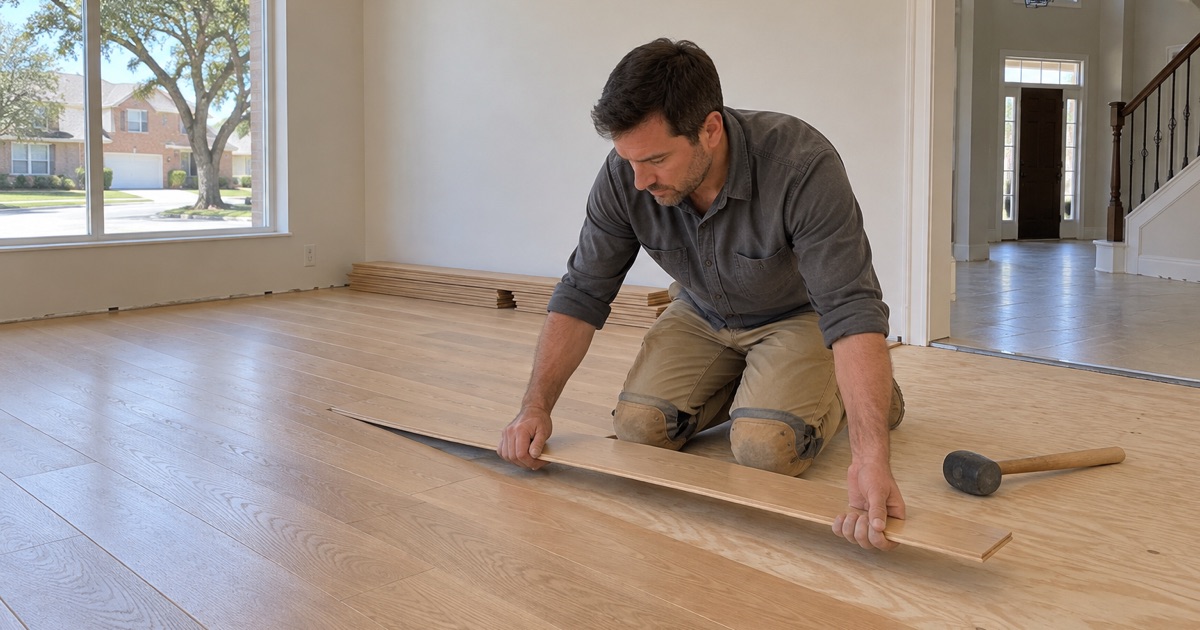 Installer lowering a white oak board into the run against the wall in a 1980s North Richland Hills house, the expansion gap open and the molding off.